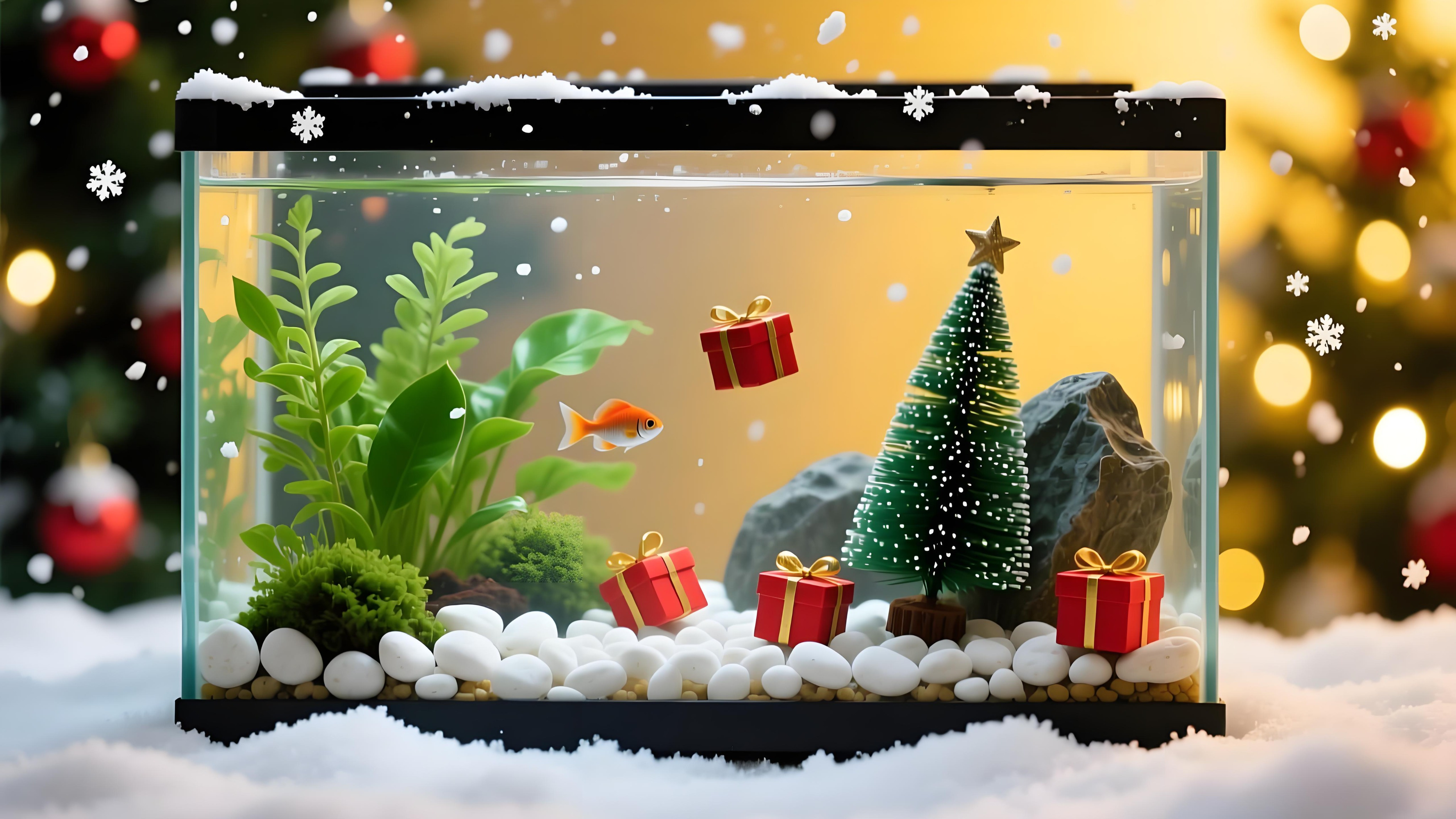 Festive Goldfish Tank: Christmas Decor & Aquatic Joy Desktop Wallpaper