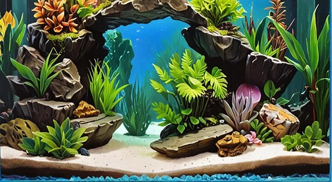 stone arch bridge Cartoon style aquarium landscaping