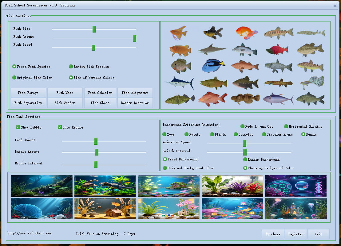 One hundred different types of freshwater and saltwater fish, including goldfish, clownfish, etc