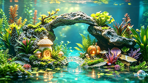 stone arch bridge Cartoon style aquarium landscaping
