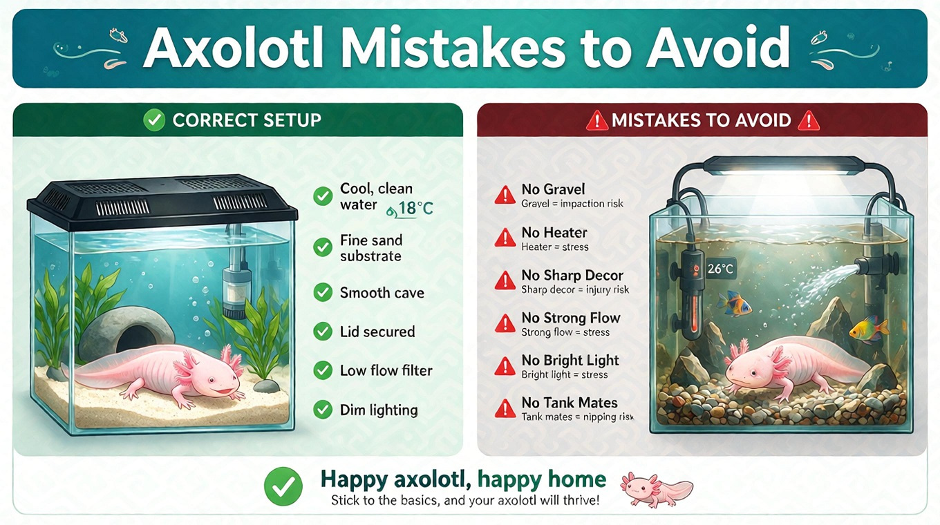 Beginner axolotl tank setup with proper cold water environment, bare bottom and smooth hideout